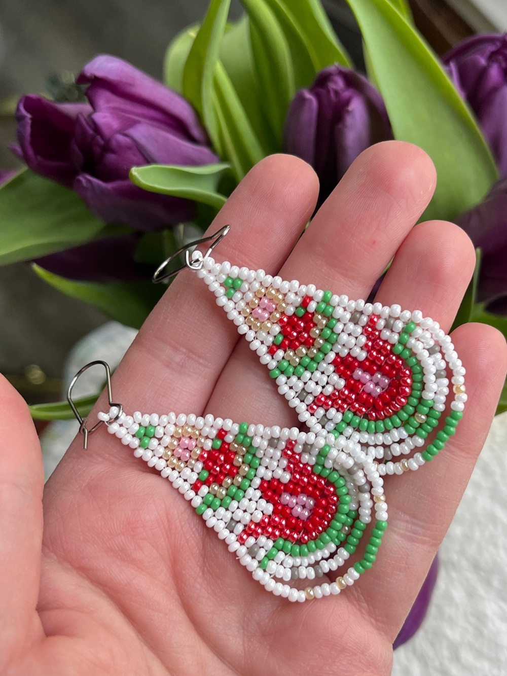 Handmade White, Red & Green Beaded Teardrop Earrings
